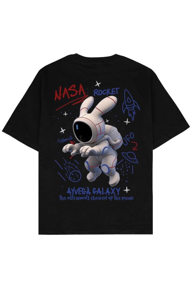 Space Bunny Siyah Oversize Unisex T-shirt