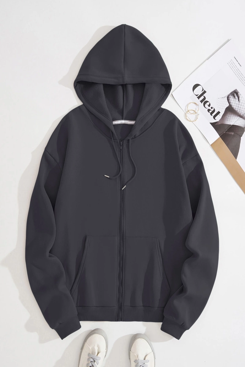 Star Kadın Bağcıklı Düz Renk Patchwork Uzun Kollu Ön Fermuarlı Cep Kapüşonlu Sweatshirt, Model 5182