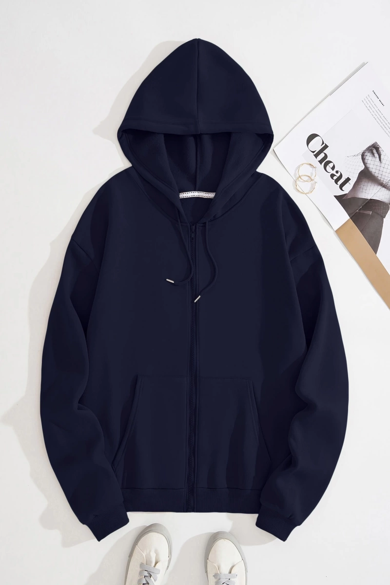 Star Kadın Bağcıklı Düz Renk Patchwork Uzun Kollu Ön Fermuarlı Cep Kapüşonlu Sweatshirt, Model 5182