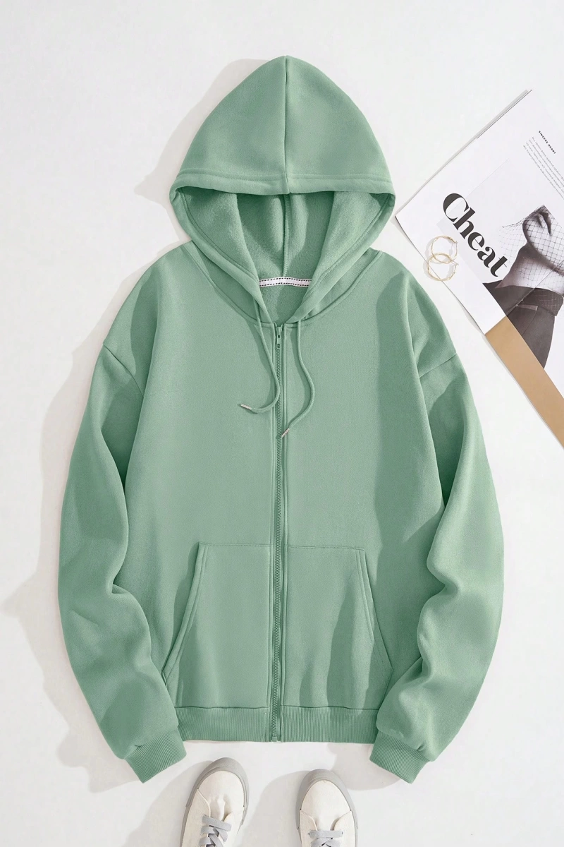 Star Kadın Bağcıklı Düz Renk Patchwork Uzun Kollu Ön Fermuarlı Cep Kapüşonlu Sweatshirt, Model 5182