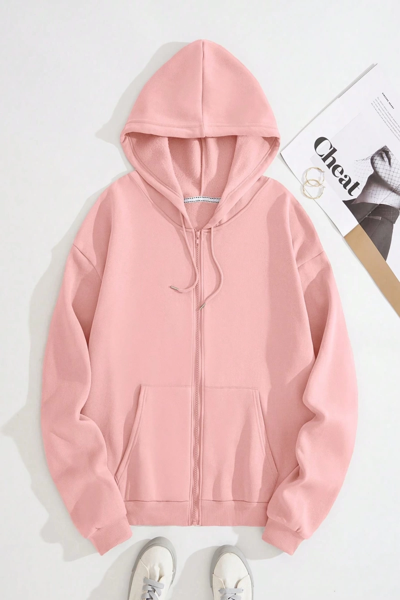 Star Kadın Bağcıklı Düz Renk Patchwork Uzun Kollu Ön Fermuarlı Cep Kapüşonlu Sweatshirt, Model 5182