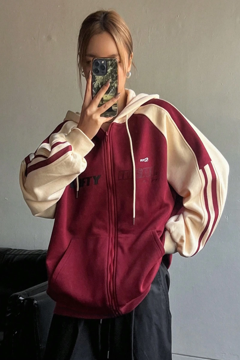 Star Kadın Sonbahar/Kış Mektup Baskılı Fermuarlı Bağcıklı Kapüşonlu Sweatshirt Model 5181