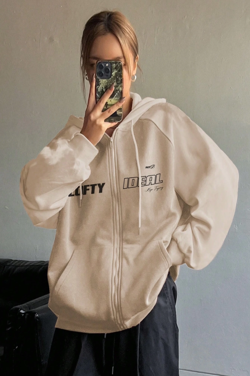 Star Kadın Sonbahar/Kış Mektup Baskılı Fermuarlı Bağcıklı Kapüşonlu Sweatshirt Model 5181