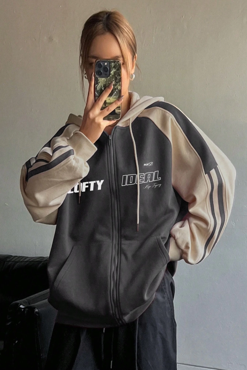 Star Kadın Sonbahar/Kış Mektup Baskılı Fermuarlı Bağcıklı Kapüşonlu Sweatshirt Model 5181