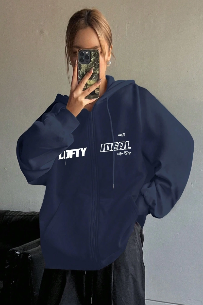 Star Kadın Sonbahar/Kış Mektup Baskılı Fermuarlı Bağcıklı Kapüşonlu Sweatshirt Model 5181