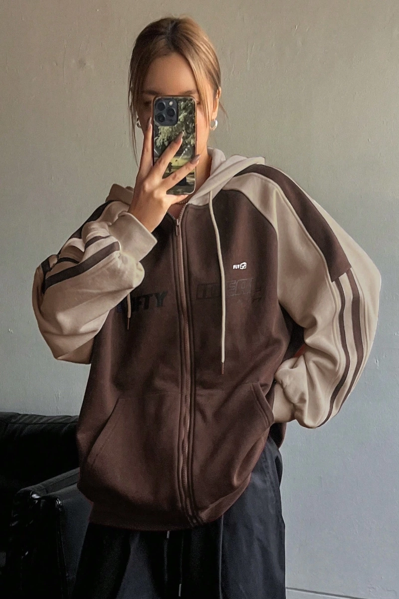 Star Kadın Sonbahar/Kış Mektup Baskılı Fermuarlı Bağcıklı Kapüşonlu Sweatshirt Model 5181
