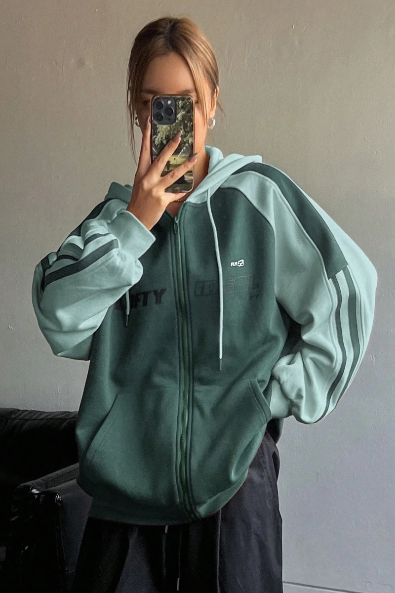 Star Kadın Sonbahar/Kış Mektup Baskılı Fermuarlı Bağcıklı Kapüşonlu Sweatshirt Model 5181