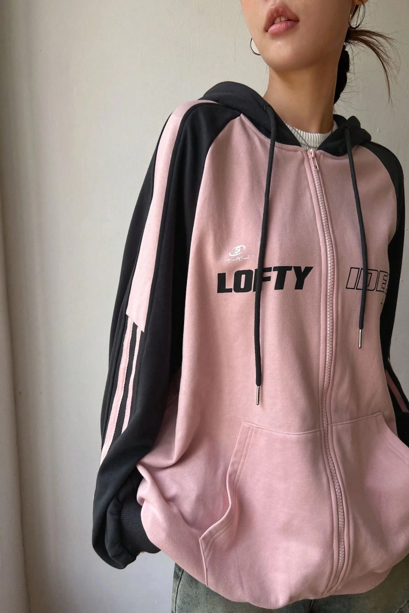 Star Kadın Sonbahar/Kış Mektup Baskılı Fermuarlı Bağcıklı Kapüşonlu Sweatshirt Model 5181