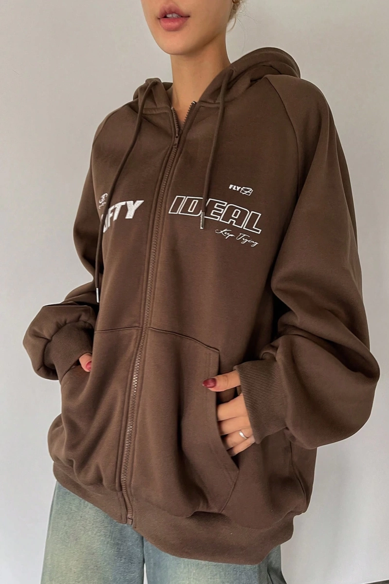 Star Kadın Sonbahar/Kış Mektup Baskılı Fermuarlı Bağcıklı Kapüşonlu Sweatshirt Model 5181