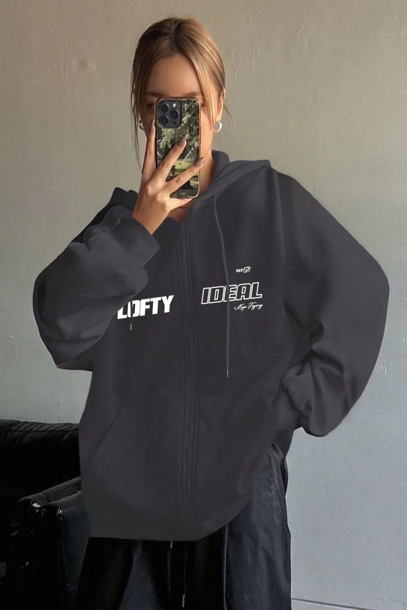 Star Kadın Sonbahar/Kış Mektup Baskılı Fermuarlı Bağcıklı Kapüşonlu Sweatshirt Model 5181