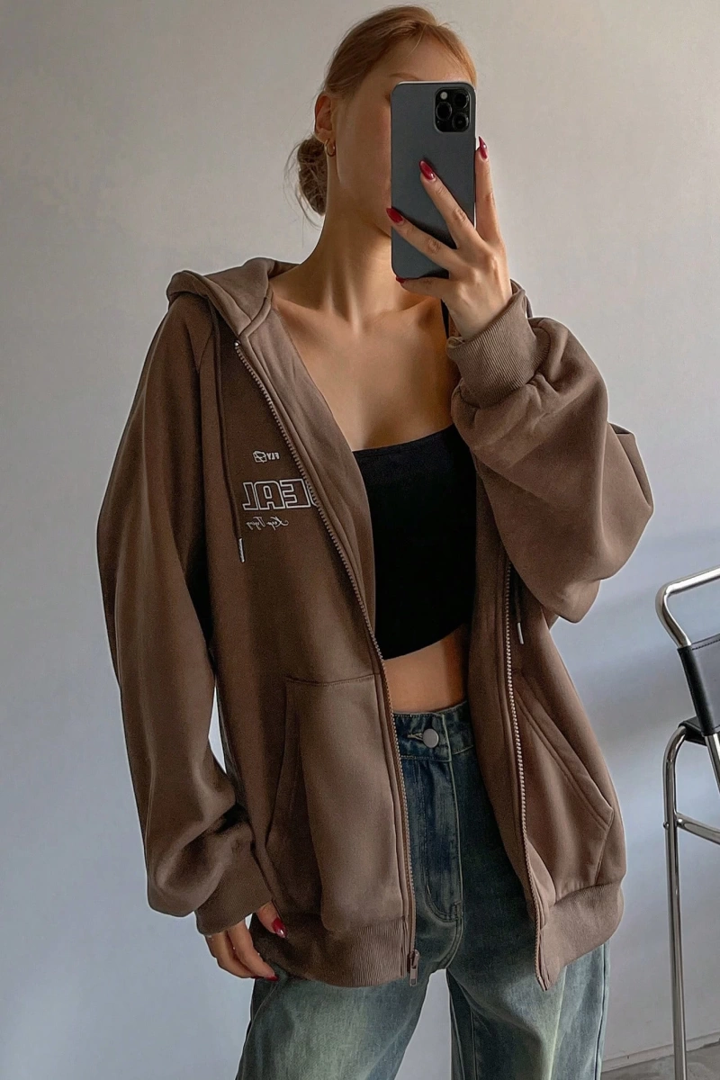 Star Kadın Sonbahar/Kış Mektup Baskılı Fermuarlı Bağcıklı Kapüşonlu Sweatshirt Model 5181