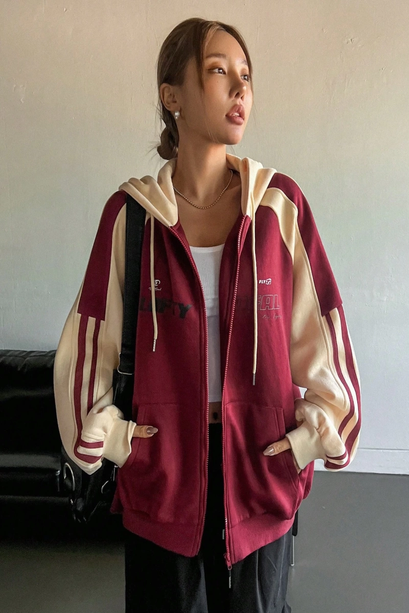 Star Kadın Sonbahar/Kış Mektup Baskılı Fermuarlı Bağcıklı Kapüşonlu Sweatshirt Model 5181