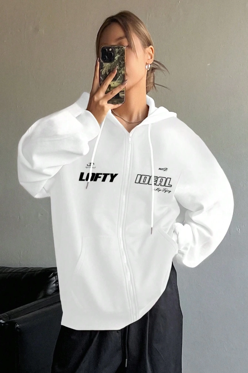 Star Kadın Sonbahar/Kış Mektup Baskılı Fermuarlı Bağcıklı Kapüşonlu Sweatshirt Model 5181