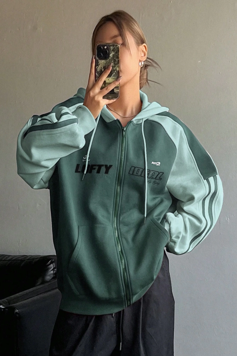 Star Kadın Sonbahar/Kış Mektup Baskılı Fermuarlı Bağcıklı Kapüşonlu Sweatshirt Model 5181