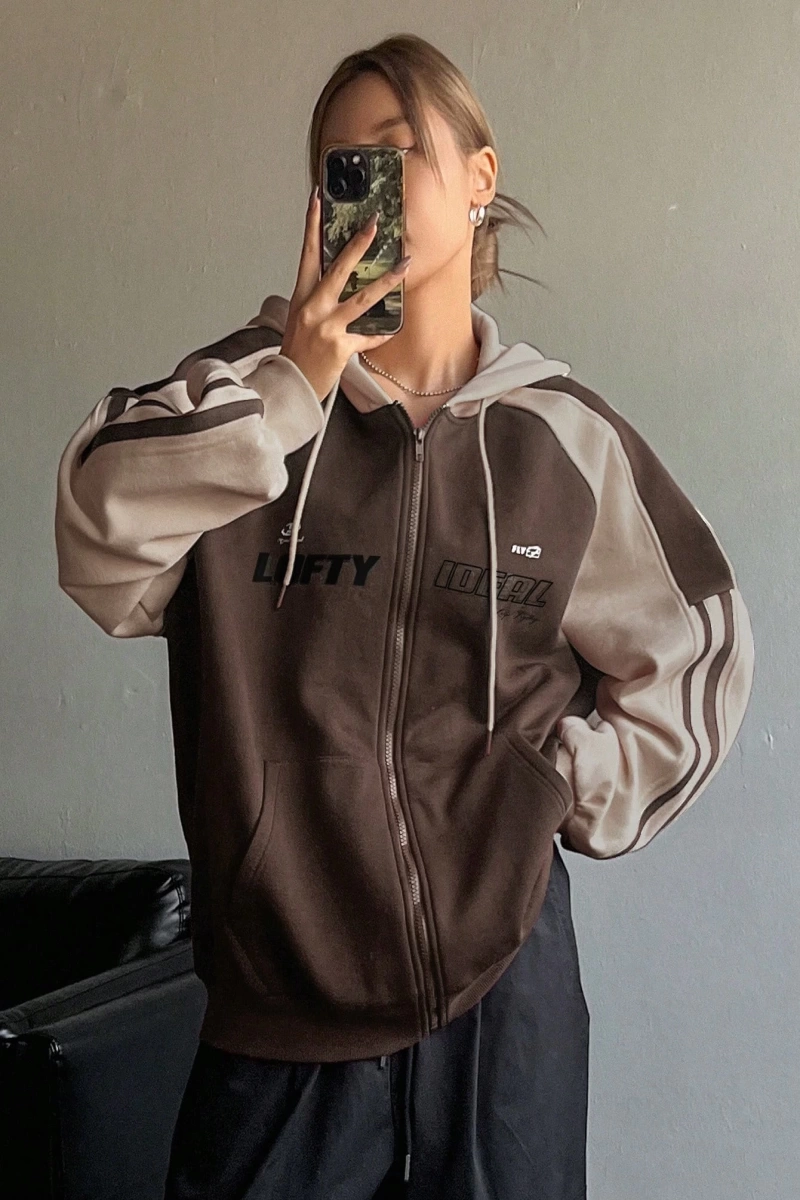 Star Kadın Sonbahar/Kış Mektup Baskılı Fermuarlı Bağcıklı Kapüşonlu Sweatshirt Model 5181