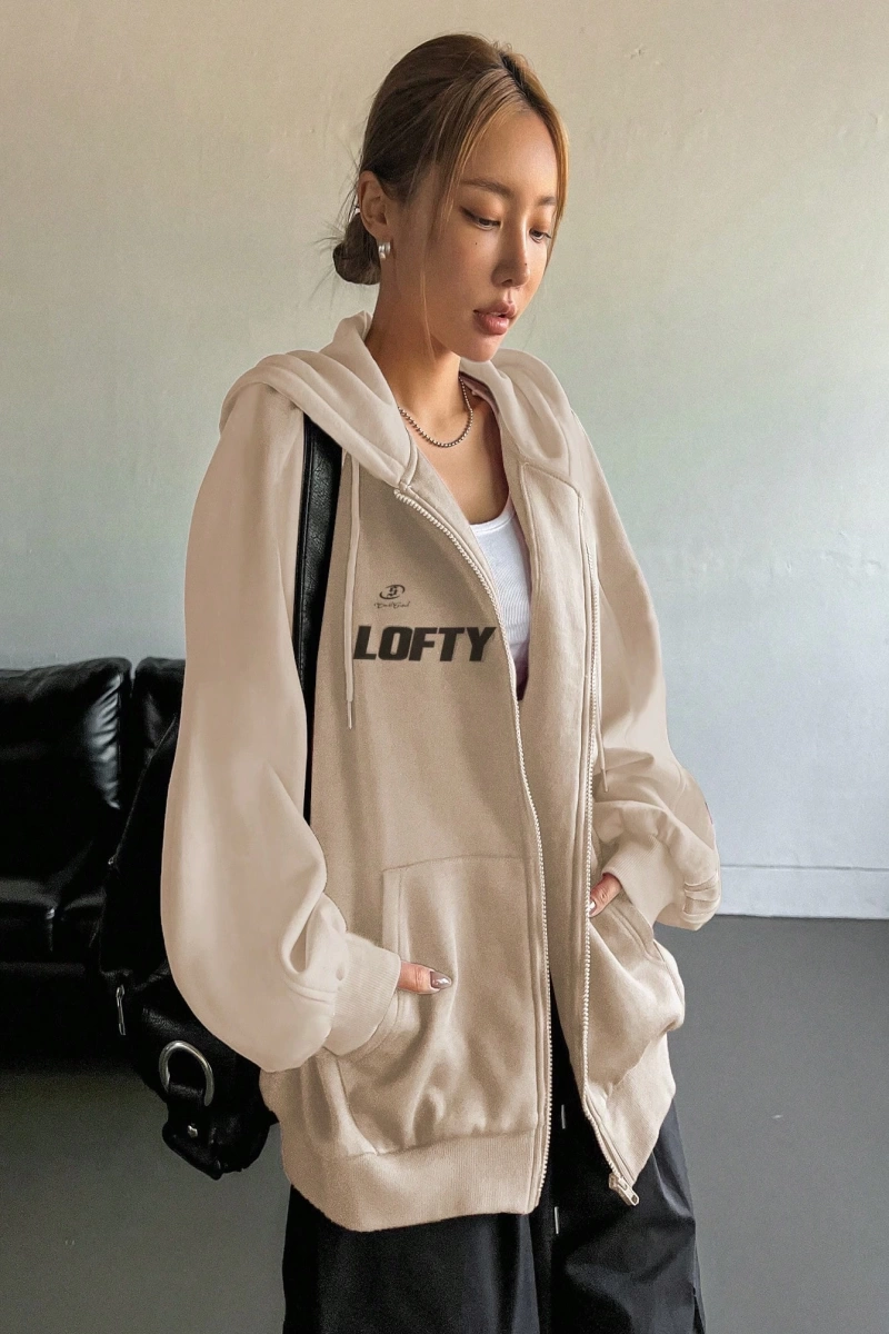 Star Kadın Sonbahar/Kış Mektup Baskılı Fermuarlı Bağcıklı Kapüşonlu Sweatshirt Model 5181