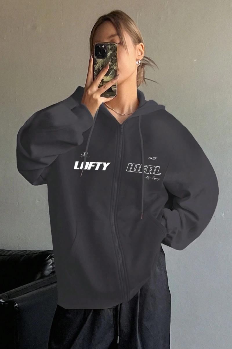 Star Kadın Sonbahar/Kış Mektup Baskılı Fermuarlı Bağcıklı Kapüşonlu Sweatshirt Model 5181