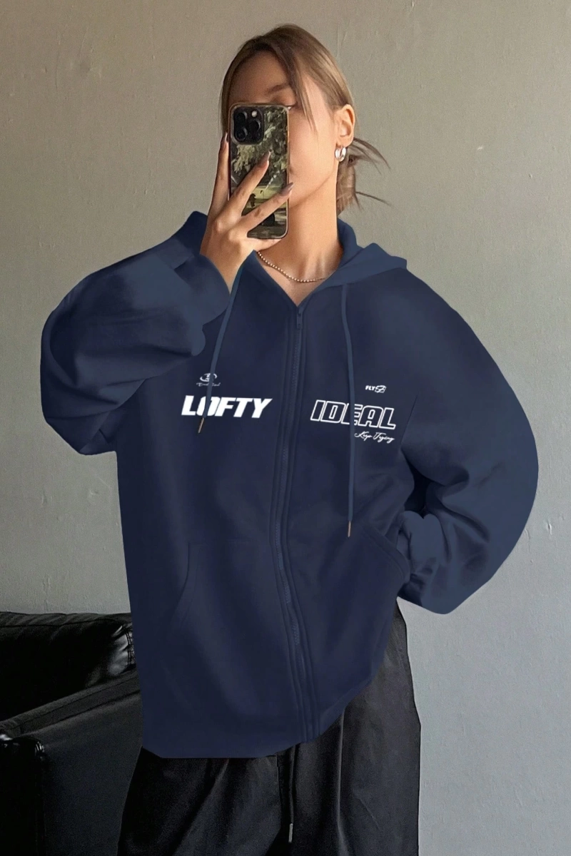 Star Kadın Sonbahar/Kış Mektup Baskılı Fermuarlı Bağcıklı Kapüşonlu Sweatshirt Model 5181