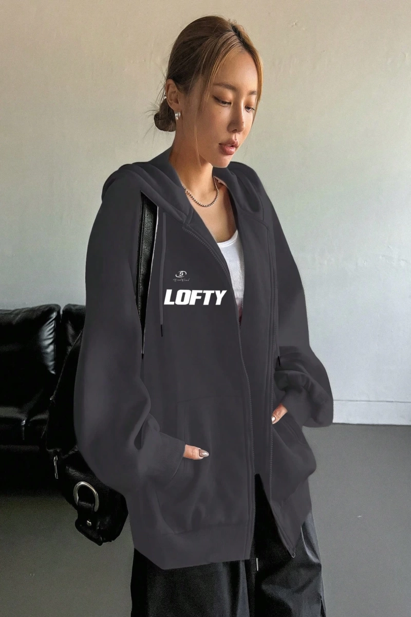 Star Kadın Sonbahar/Kış Mektup Baskılı Fermuarlı Bağcıklı Kapüşonlu Sweatshirt Model 5181