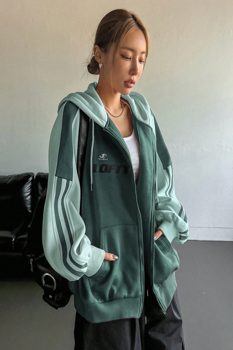 Star Kadın Sonbahar/Kış Mektup Baskılı Fermuarlı Bağcıklı Kapüşonlu Sweatshirt Model 5181