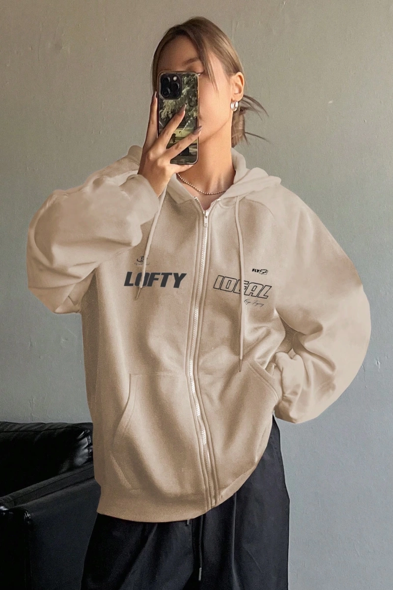 Star Kadın Sonbahar/Kış Mektup Baskılı Fermuarlı Bağcıklı Kapüşonlu Sweatshirt Model 5181