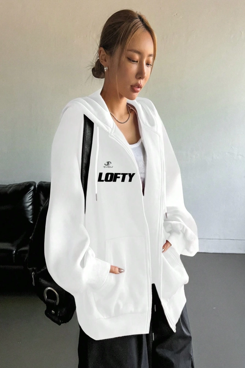 Star Kadın Sonbahar/Kış Mektup Baskılı Fermuarlı Bağcıklı Kapüşonlu Sweatshirt Model 5181