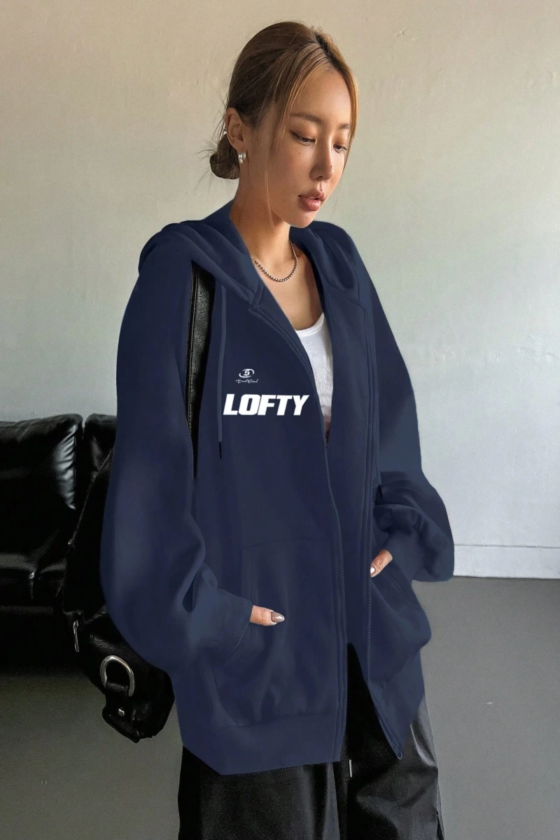 Star Kadın Sonbahar/Kış Mektup Baskılı Fermuarlı Bağcıklı Kapüşonlu Sweatshirt Model 5181