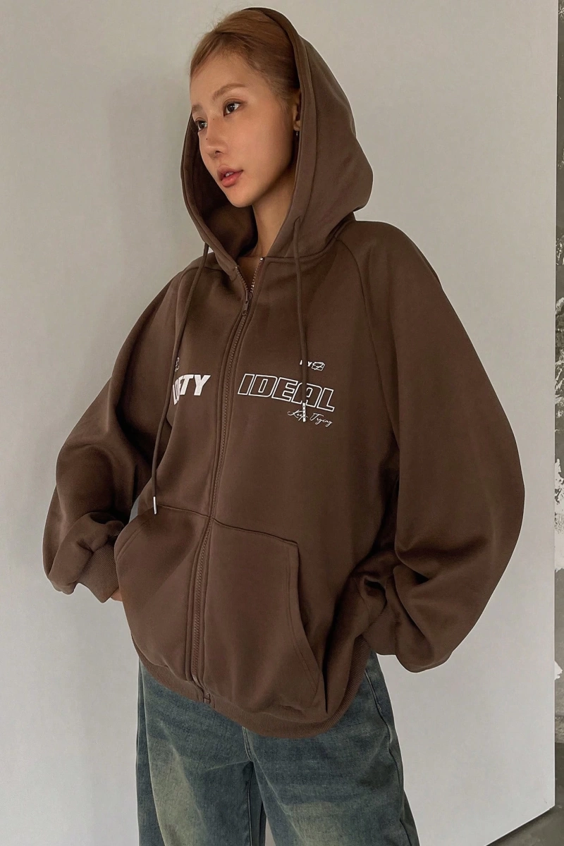 Star Kadın Sonbahar/Kış Mektup Baskılı Fermuarlı Bağcıklı Kapüşonlu Sweatshirt Model 5181
