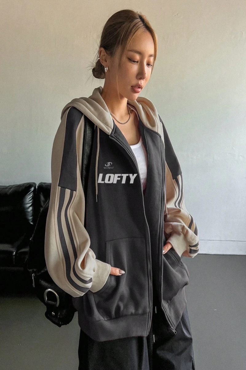 Star Kadın Sonbahar/Kış Mektup Baskılı Fermuarlı Bağcıklı Kapüşonlu Sweatshirt Model 5181