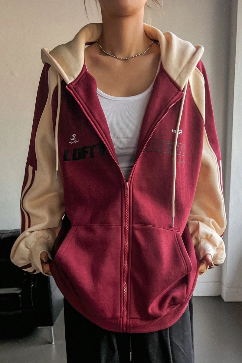 Star Kadın Sonbahar/Kış Mektup Baskılı Fermuarlı Bağcıklı Kapüşonlu Sweatshirt Model 5181