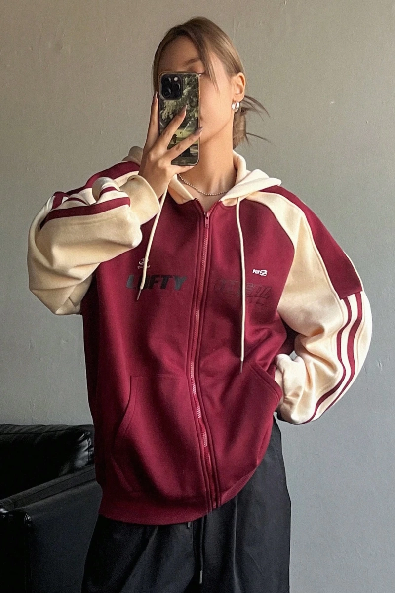 Star Kadın Sonbahar/Kış Mektup Baskılı Fermuarlı Bağcıklı Kapüşonlu Sweatshirt Model 5181