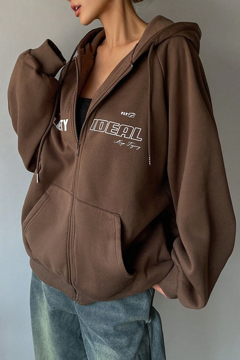 Star Kadın Sonbahar/Kış Mektup Baskılı Fermuarlı Bağcıklı Kapüşonlu Sweatshirt Model 5181