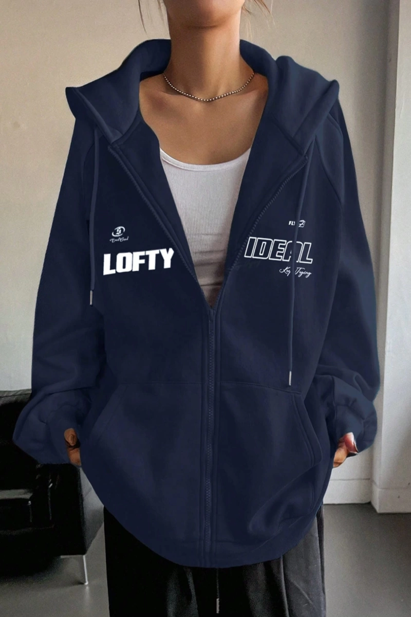 Star Kadın Sonbahar/Kış Mektup Baskılı Fermuarlı Bağcıklı Kapüşonlu Sweatshirt Model 5181