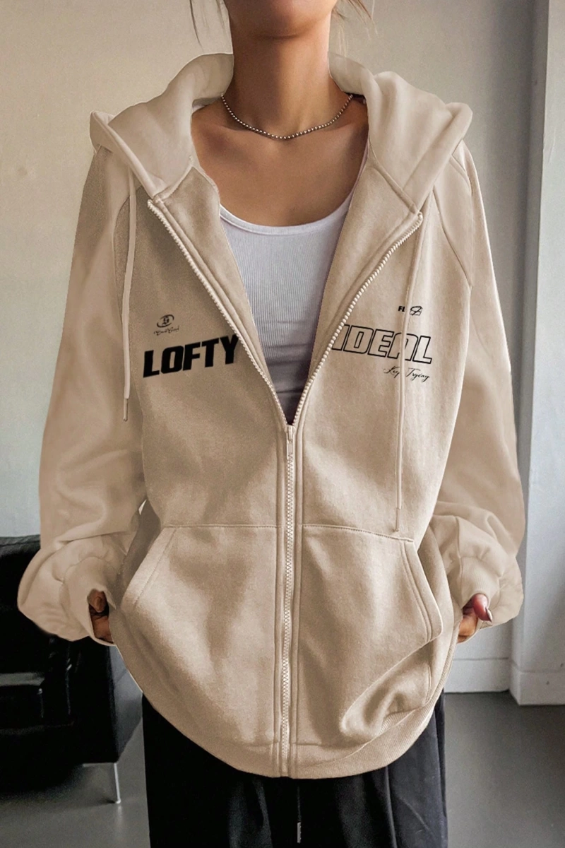 Star Kadın Sonbahar/Kış Mektup Baskılı Fermuarlı Bağcıklı Kapüşonlu Sweatshirt Model 5181