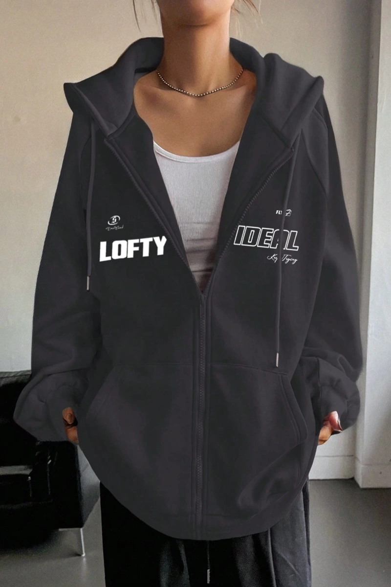 Star Kadın Sonbahar/Kış Mektup Baskılı Fermuarlı Bağcıklı Kapüşonlu Sweatshirt Model 5181