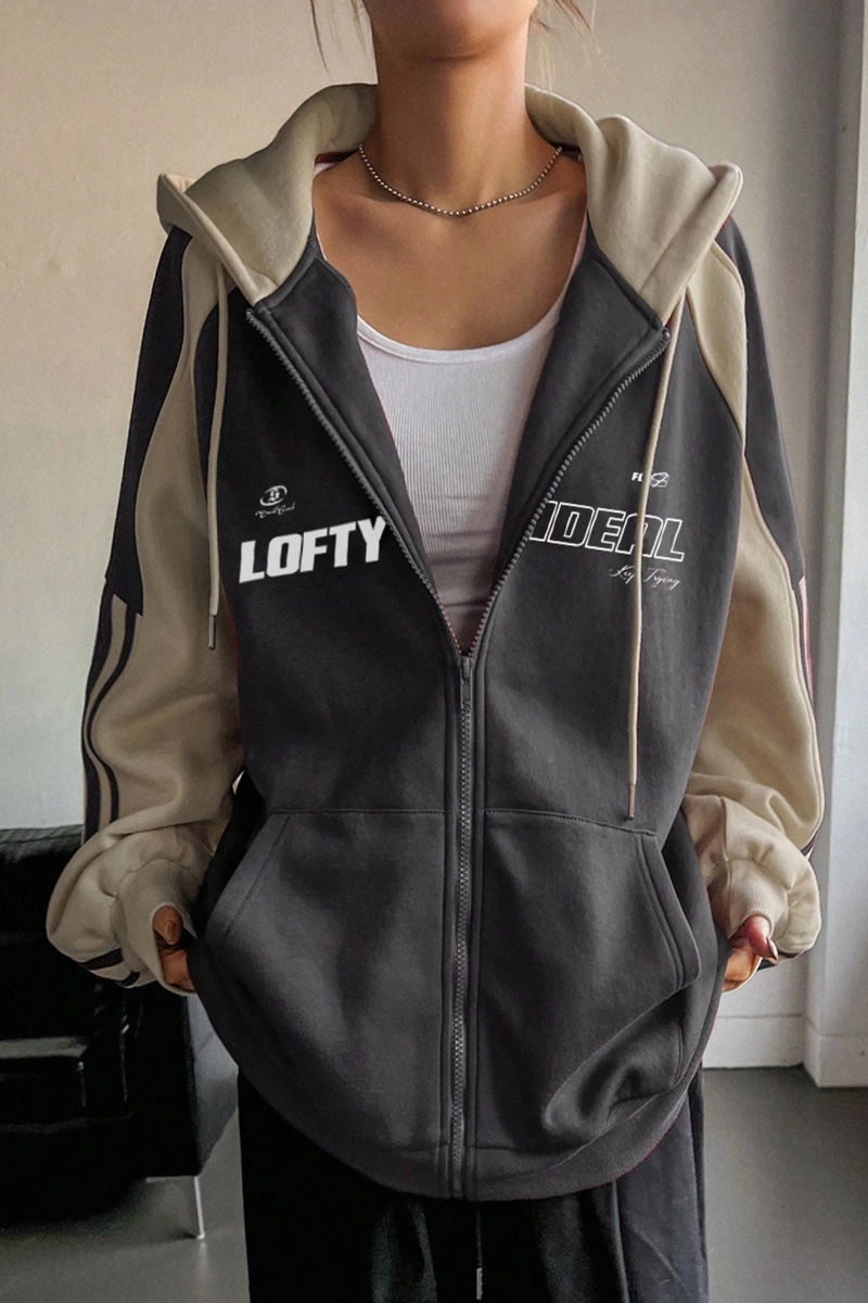 Star Kadın Sonbahar/Kış Mektup Baskılı Fermuarlı Bağcıklı Kapüşonlu Sweatshirt Model 5181