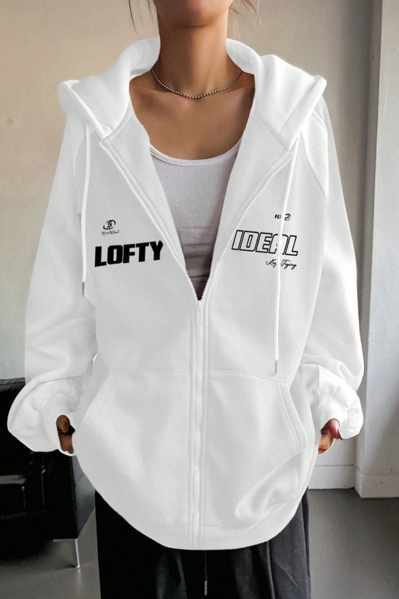 Star Kadın Sonbahar/Kış Mektup Baskılı Fermuarlı Bağcıklı Kapüşonlu Sweatshirt Model 5181