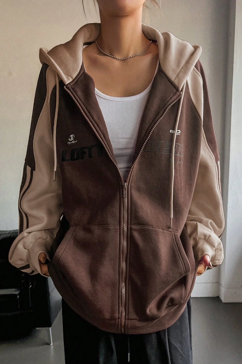 Star Kadın Sonbahar/Kış Mektup Baskılı Fermuarlı Bağcıklı Kapüşonlu Sweatshirt Model 5181