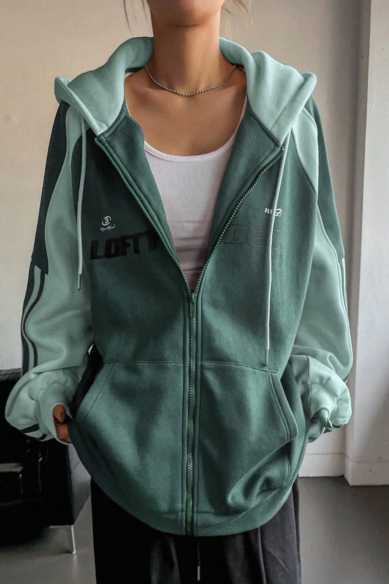 Star Kadın Sonbahar/Kış Mektup Baskılı Fermuarlı Bağcıklı Kapüşonlu Sweatshirt Model 5181