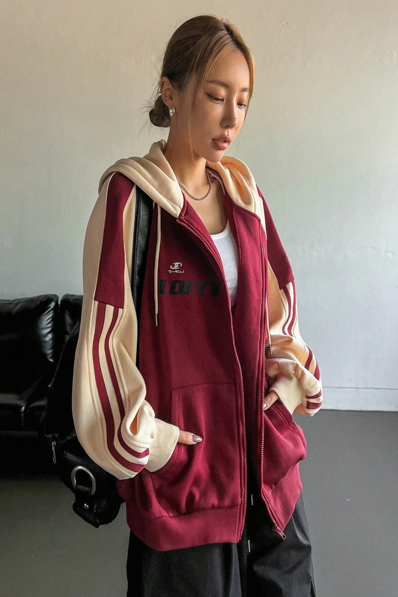 Star Kadın Sonbahar/Kış Mektup Baskılı Fermuarlı Bağcıklı Kapüşonlu Sweatshirt Model 5181