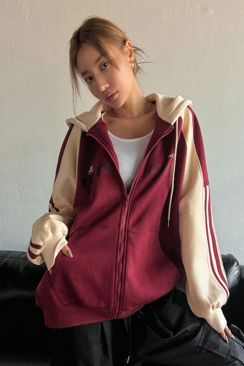 Star Kadın Sonbahar/Kış Mektup Baskılı Fermuarlı Bağcıklı Kapüşonlu Sweatshirt Model 5181