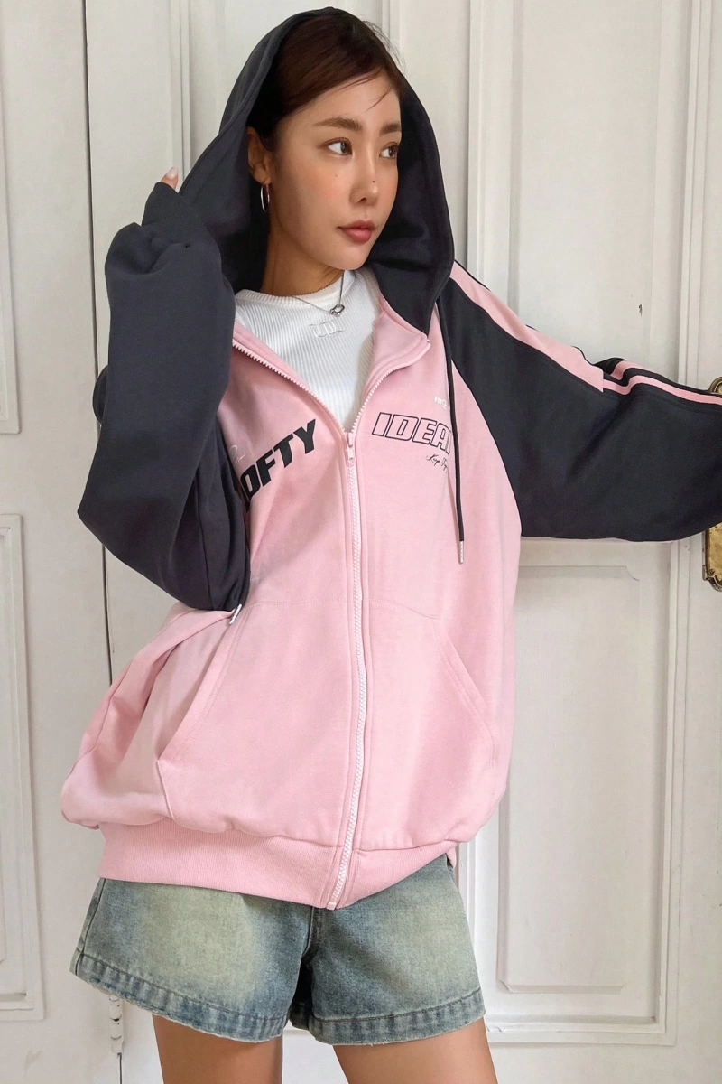 Star Kadın Sonbahar/Kış Mektup Baskılı Fermuarlı Bağcıklı Kapüşonlu Sweatshirt Model 5181