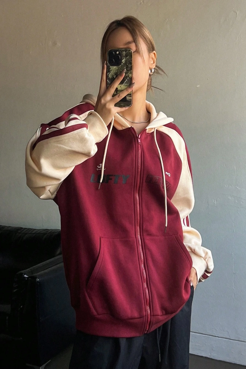 Star Kadın Sonbahar/Kış Mektup Baskılı Fermuarlı Bağcıklı Kapüşonlu Sweatshirt Model 5181