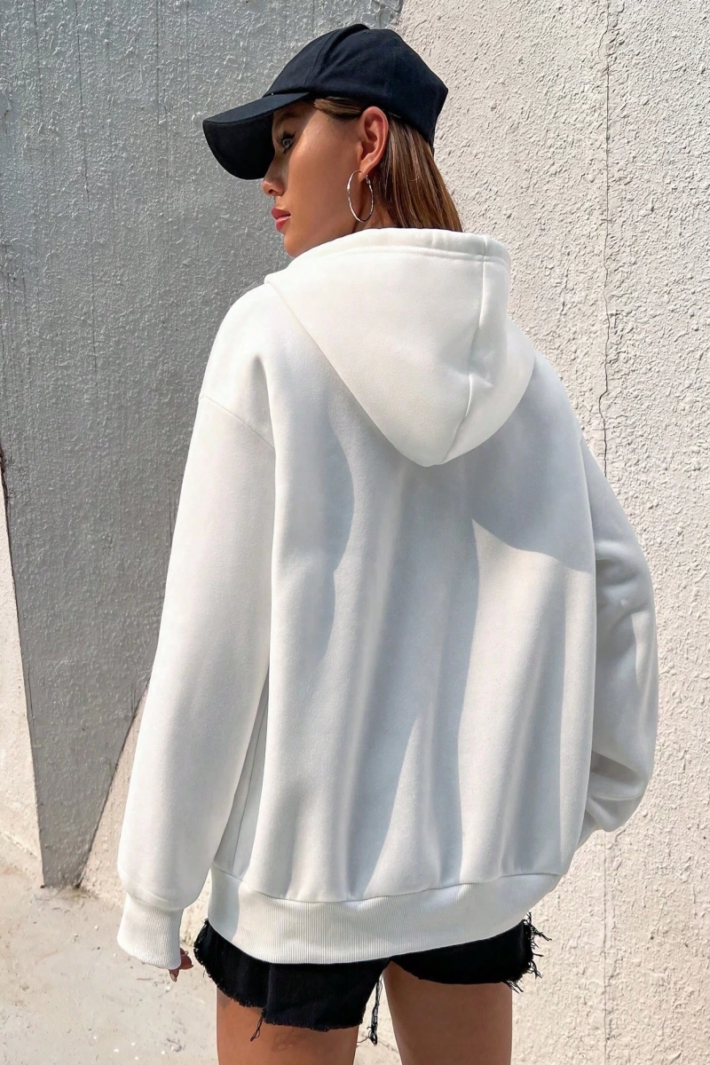Star & Slogan Grafikli Düşen Omuz Bağcıklı Termal Astarlı Kapüşonlu Sweatshirt Aynı  Model 5140