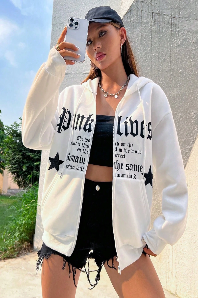 Star & Slogan Grafikli Düşen Omuz Bağcıklı Termal Astarlı Kapüşonlu Sweatshirt Aynı  Model 5140