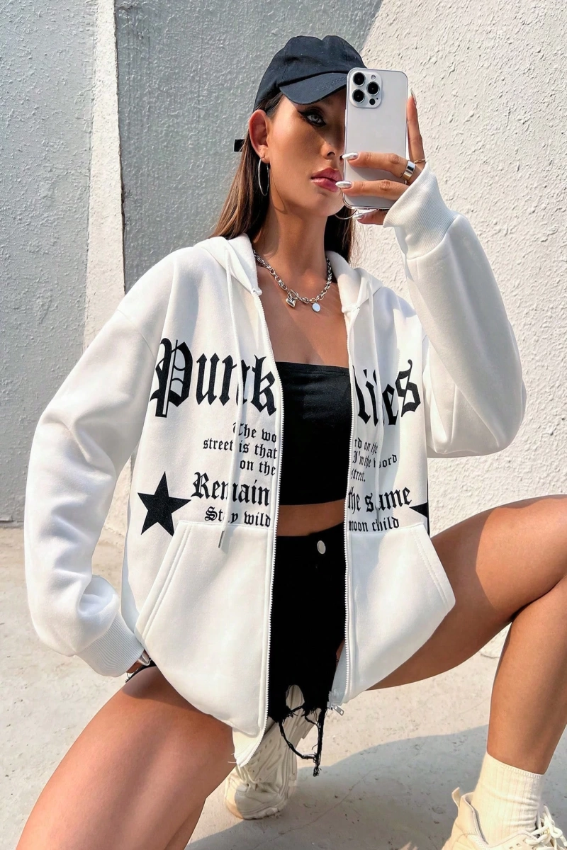 Star & Slogan Grafikli Düşen Omuz Bağcıklı Termal Astarlı Kapüşonlu Sweatshirt Aynı  Model 5140