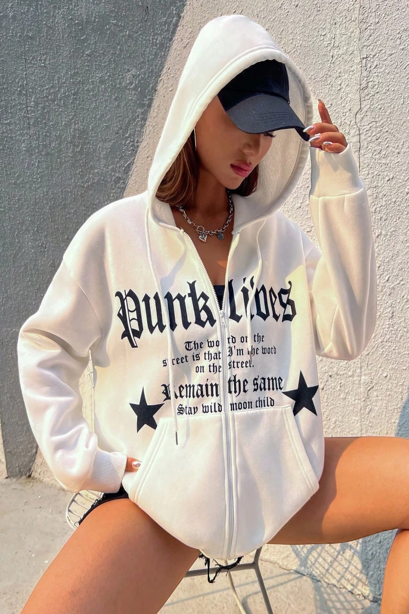 Star & Slogan Grafikli Düşen Omuz Bağcıklı Termal Astarlı Kapüşonlu Sweatshirt Aynı  Model 5140
