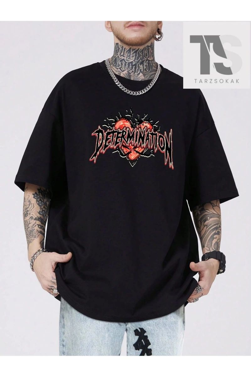 Street Life Erkek Harf Ve Kalp Baskılı Düşük Omuz T-shirt