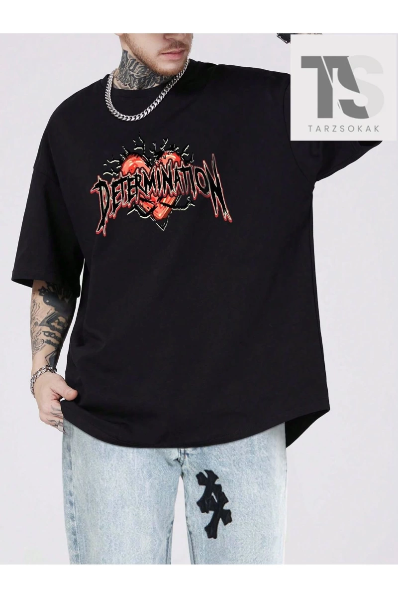 Street Life Erkek Harf Ve Kalp Baskılı Düşük Omuz T-shirt