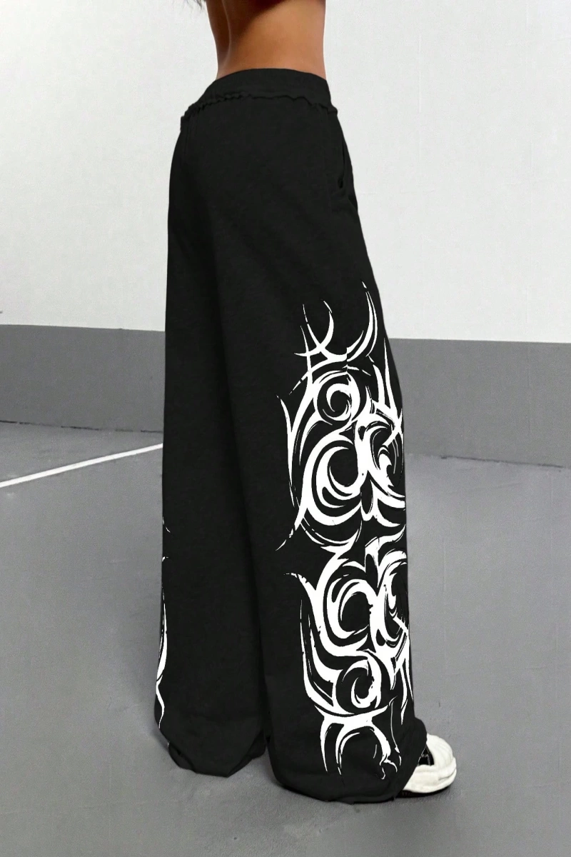 StreetHx Kadın Gri Retro Gotik Graffiti Çiçek Desenli Bol Günlük Düz Paça Eşofman Altı